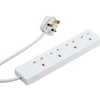 White 4-gang UK extension lead with a 2m cable by Globoshop, featuring four power sockets. White 4-gang UK extension lead with a 2m cable by Globoshop, featuring four power sockets.